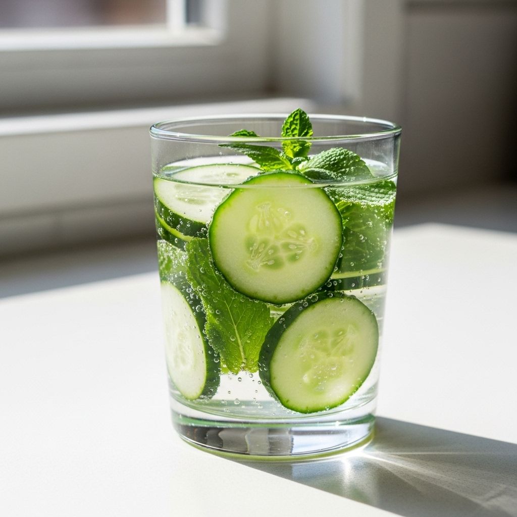 Clear glass of water with fresh cucumber slices and mint leaves on a clean white kitchen counter with natural daylight