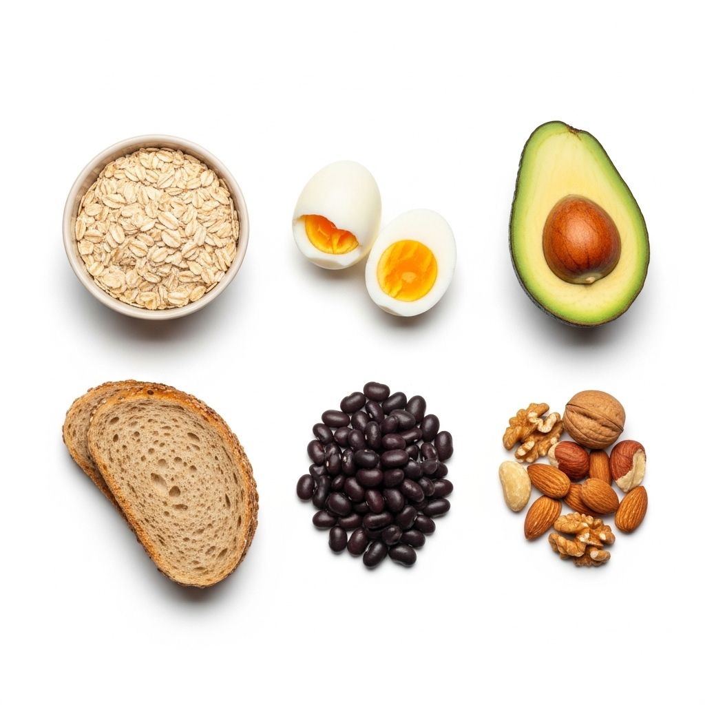 Flat lay of foods representing three macronutrients: oats and bread for carbohydrates, eggs and legumes for protein, avocado and nuts for healthy fats on a white background